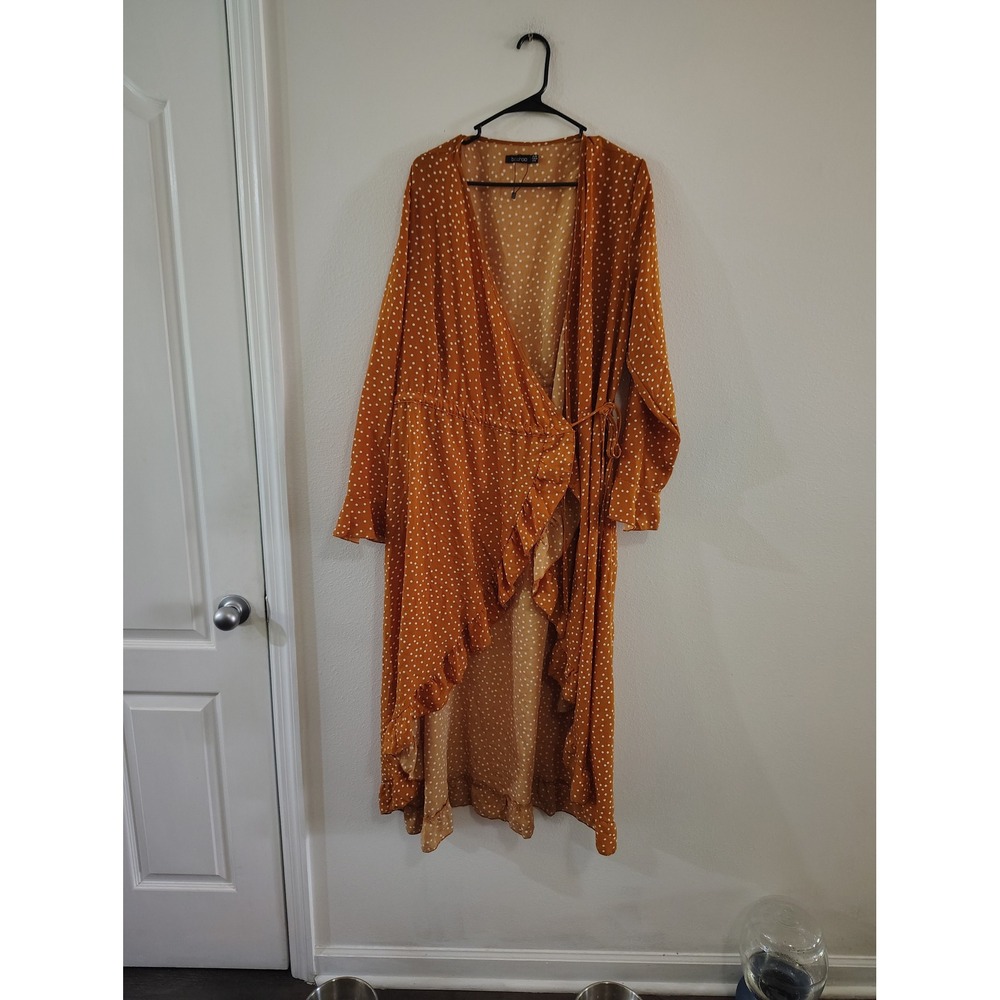 Boohoo Mustard Orange Polka Dot Wrap Midi Dress Ruffle Hem Womens US 16/UK 20